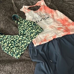 Peloton Orange Tie-Dye Tank and Green Leopard Sports Bra